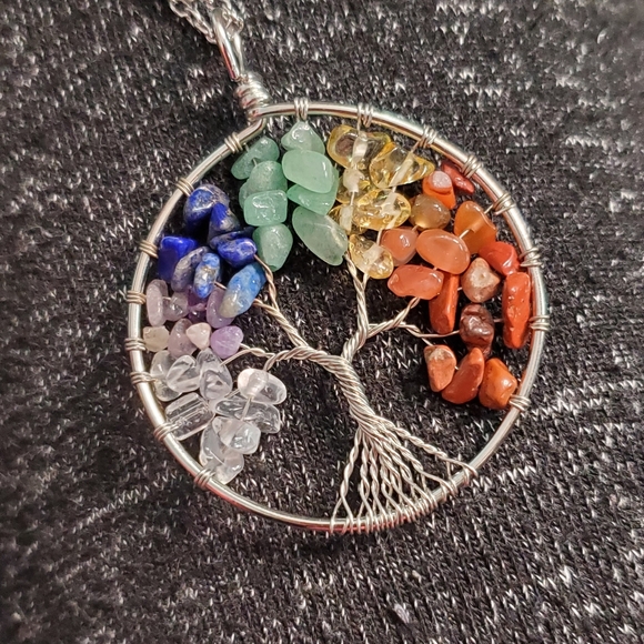 NEW! Tree Of Life Chakra Colorful Stone Chip Necklace - Picture 2 of 2
